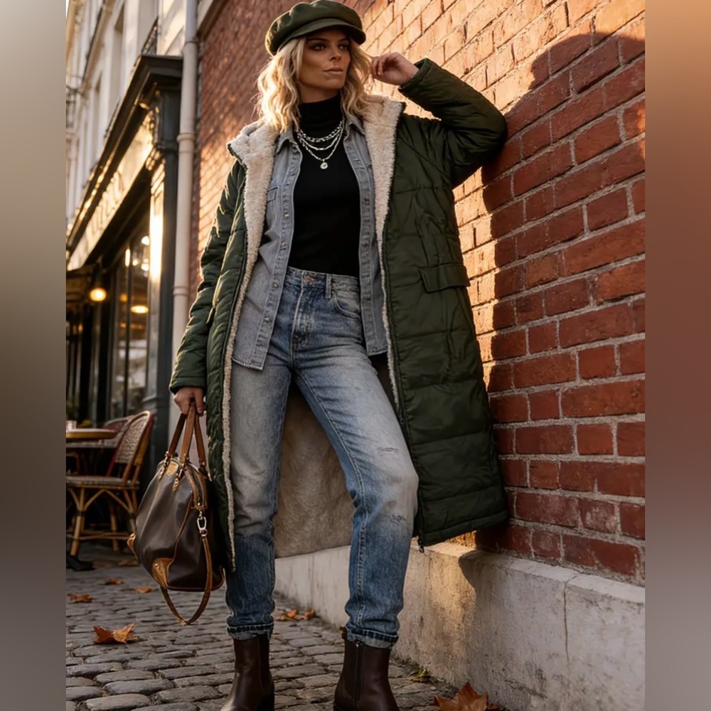 Womenβs Reversible Puffer Coat W/Sherpa Lining, Army Green, Size XL (12), NWOT - Picture 5 of 16